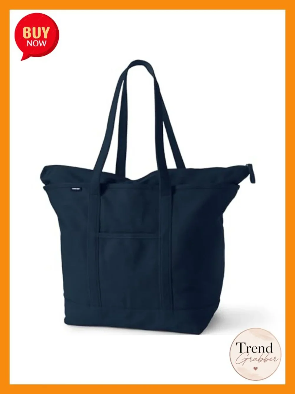 Cotton Canvas Zip Top Tote Bag with Shoulder Strap - Navy